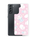 Sleek Snow Bunny Samsung® Clear Case features cute bunnies on a pastel pink background, perfect for stylish protection.