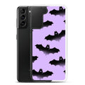 Protect your phone with the stylish Morrigan Samsung® Clear Case, featuring playful bats on a lavender background.