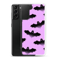 Stylish Aensland Samsung® Clear Case featuring playful bats on a pink background, perfect for protecting your Galaxy S21.