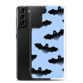 Lilith Samsung® Clear Case showcases playful bats on a blue background, perfect for stylish phone protection.