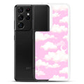 Cloudy Sky Samsung® Clear Case showcases a dreamy pink cloud design, perfect for stylish phone protection.