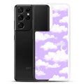 Dreamy purple Cloudy Sky Samsung® Clear Case showcases a sleek design, protecting your phone while looking stylish.