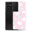 Snow Kitten Samsung® Clear Case features adorable kittens on a pastel pink background, perfect for stylish protection.