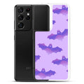 Protect your phone stylishly with the Morrigan Samsung® Clear Case featuring vibrant bats on a playful purple background.