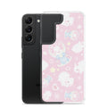 Sleek Snow Bunny Samsung® Clear Case featuring adorable bunnies on a pastel pink background, perfect for your Galaxy phone.