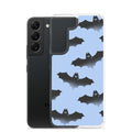 Sleek Lilith Samsung® Clear Case features playful bats on a blue background, perfect for protecting your Galaxy S22.