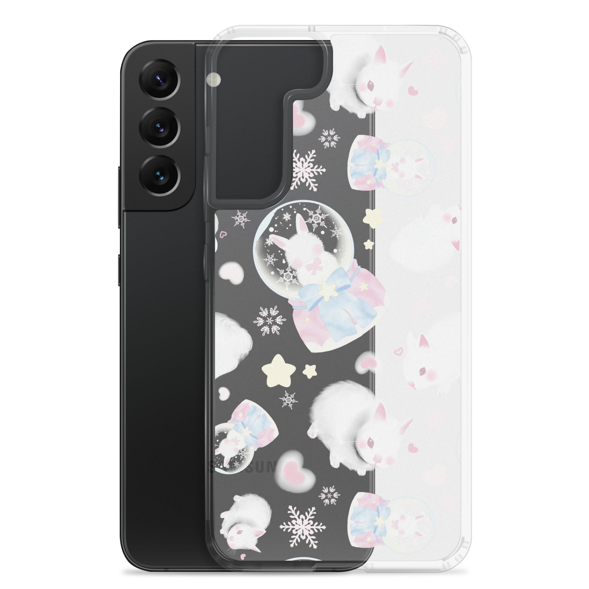 Snow Bunny Samsung® Clear Case featuring adorable bunnies and pastel designs, perfect for feminine styles.