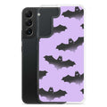 Stylish Morrigan Samsung® Clear Case featuring playful bats, perfect for protecting your phone in any weather.