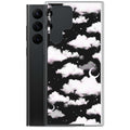 Stylish Cloudy Sky Samsung® Clear Case featuring dreamy clouds on a black background, perfect for protecting your phone.