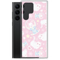 Showcasing the Snow Kitten Samsung® Clear Case, featuring adorable kittens on a pastel pink background.