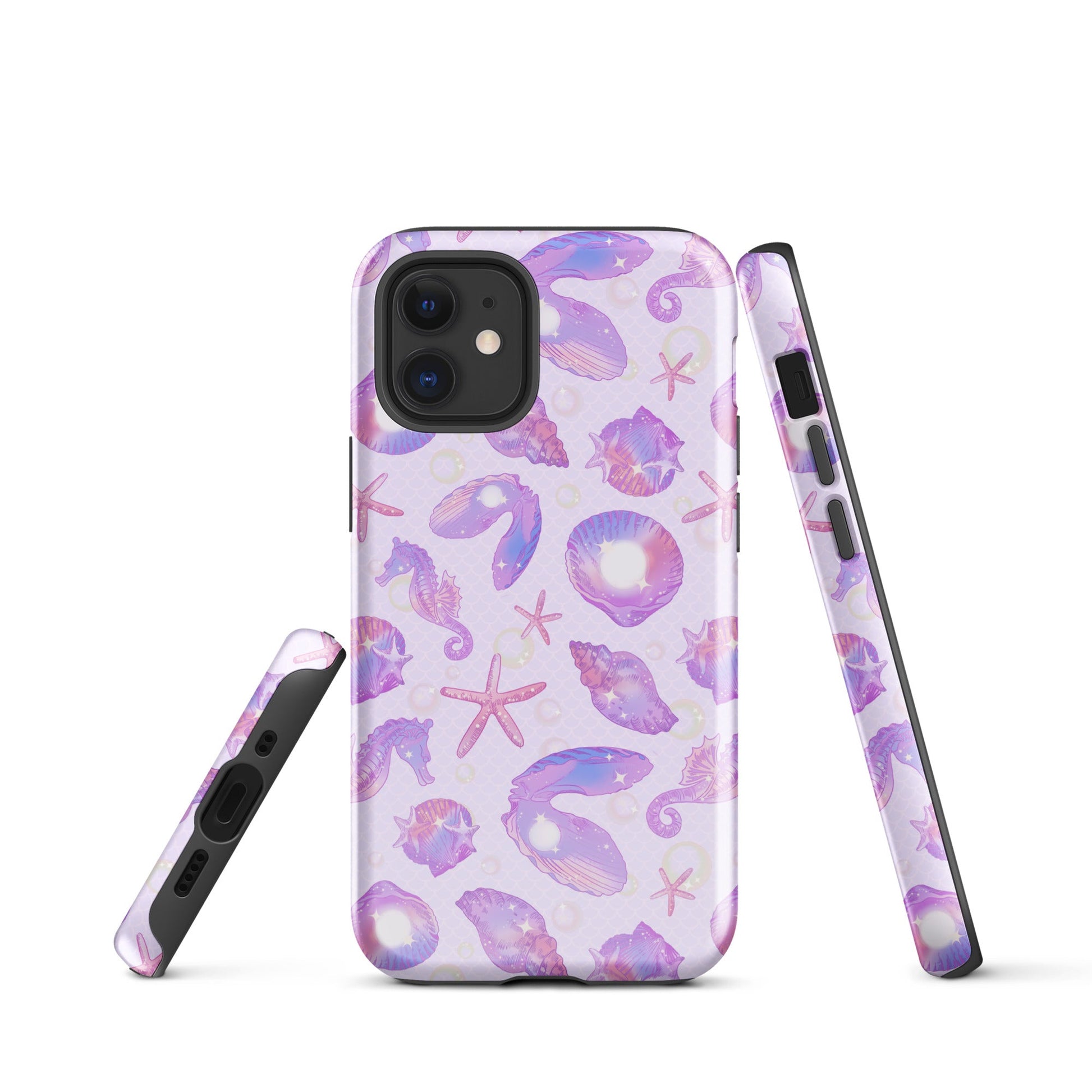 Stylish Sea Princess iPhone® Tough Case featuring seashells and seahorses, offering durable protection and fashion.