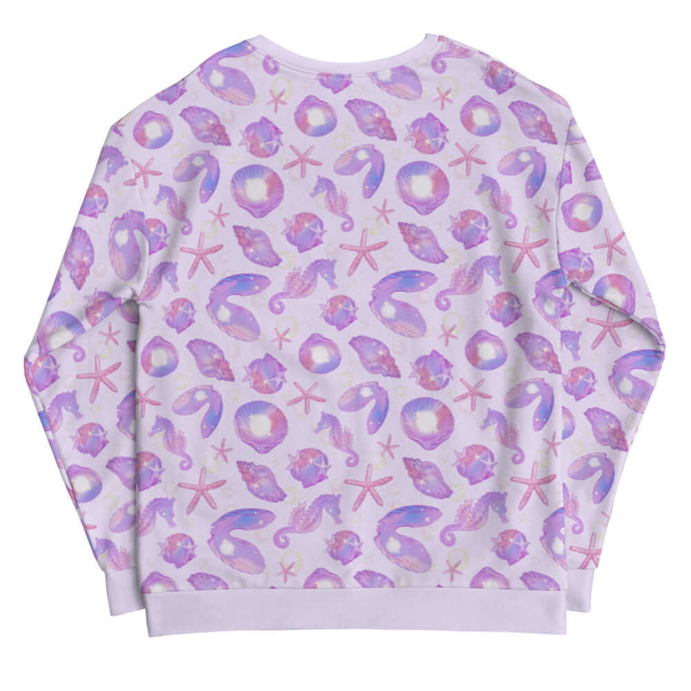 Sea Princess Sweatshirt features a whimsical seashell and starfish pattern, perfect for mermaid-inspired outfits.