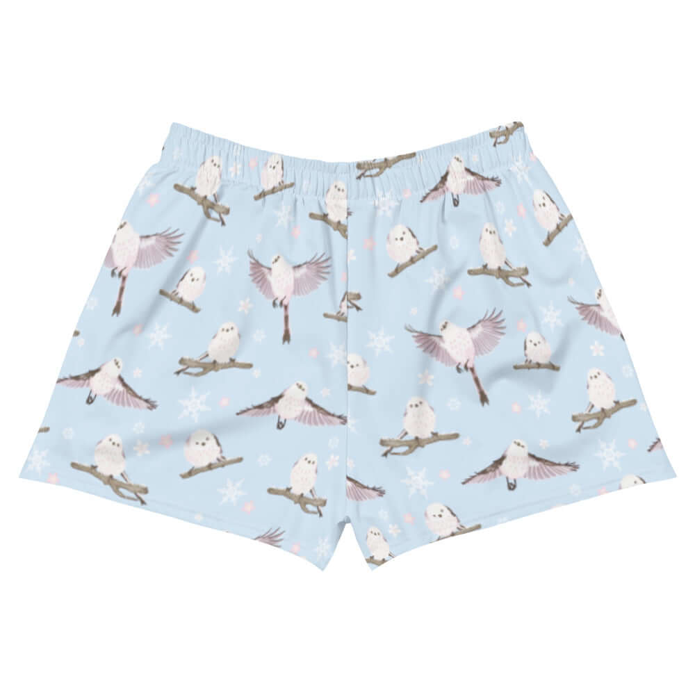 Snow Bird Athletic Short Shorts in soft blue with cute bird print, perfect for running or relaxing at Koibito Clothing.