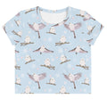 Cute and cozy Snow Bird Crop Top featuring adorable birds on a light blue background, perfect for holiday vibes.