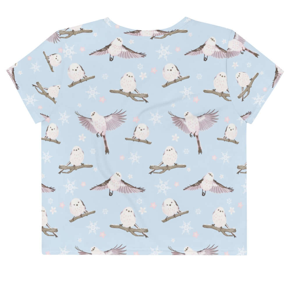 Charming Snow Bird Crop Top featuring cute birds and snowflakes, perfect for cozy holiday vibes.