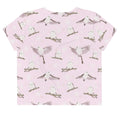 Cute Snow Bird Crop Top featuring adorable birds on a pink background, perfect for cozy holiday outfits.