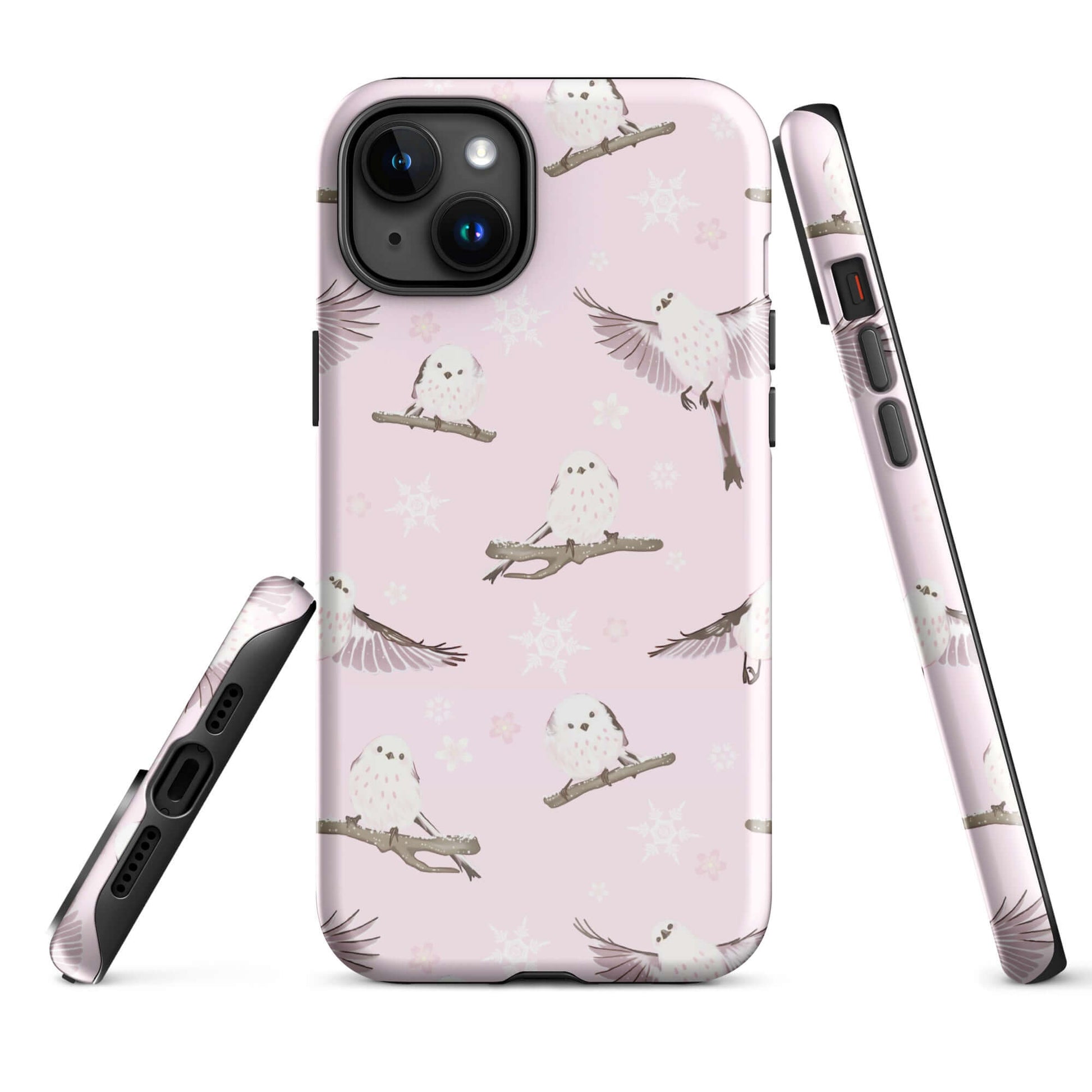 Snow Bird iPhone® Tough Case featuring a stylish design with owls and snowflakes, perfect for year-round protection.