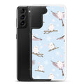 Stylish Snow Bird Samsung® Clear Case featuring cute birds on a pastel blue background, perfect for winter outings.