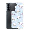 Snow Bird Samsung® Clear Case features cute birds on a pastel blue background, perfect for winter and stylish protection.
