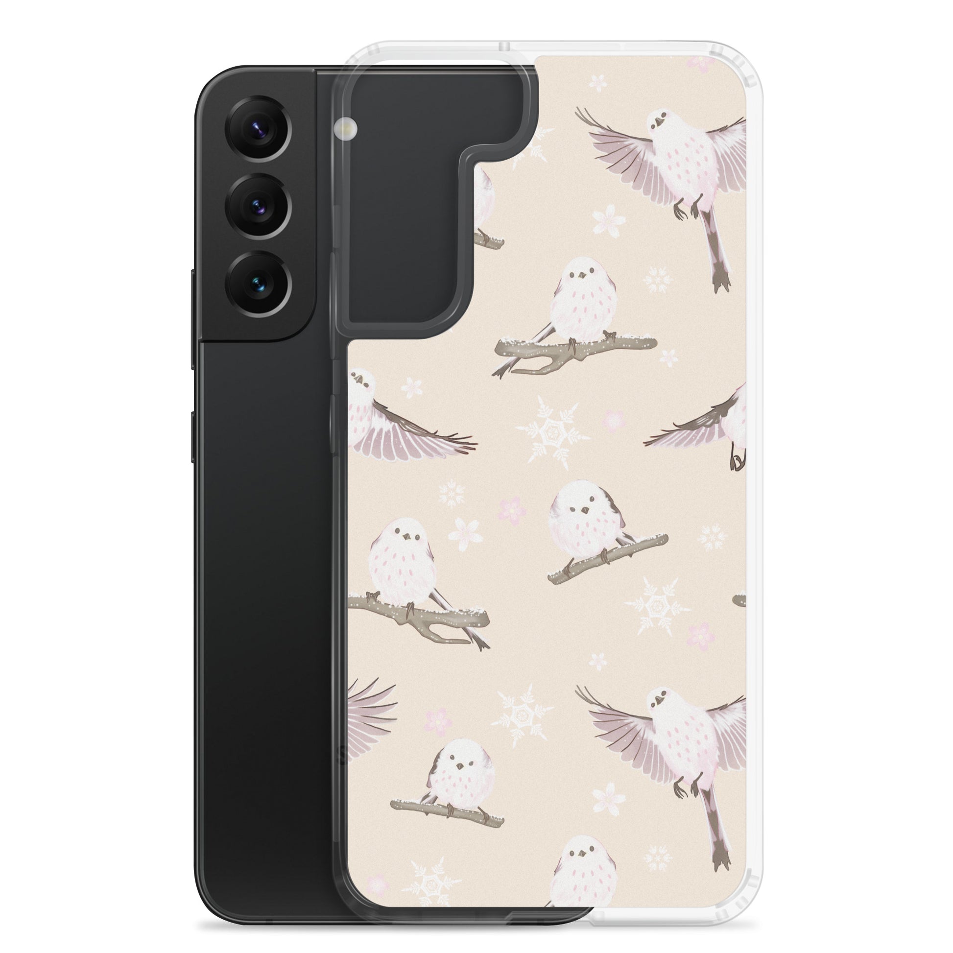 Cute Snow Bird Samsung® Clear Case featuring pastel birds, perfect for winter outings and gatherings. Stylish protection!