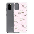Delight in the Snow Bird Samsung® Clear Case, showcasing cute critters on a pastel pink background for winter charm.