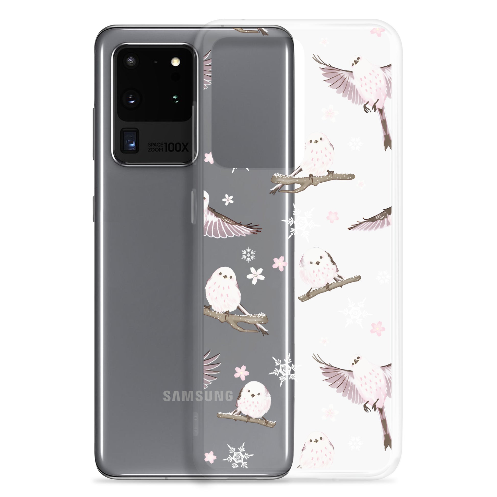 Snow Bird Samsung® Clear Case features adorable birds on a pastel design, perfect for winter outings and gatherings.