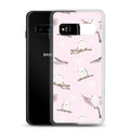 Snow Bird Samsung® Clear Case featuring pastel birds on a pink background, perfect for winter outings and gatherings.