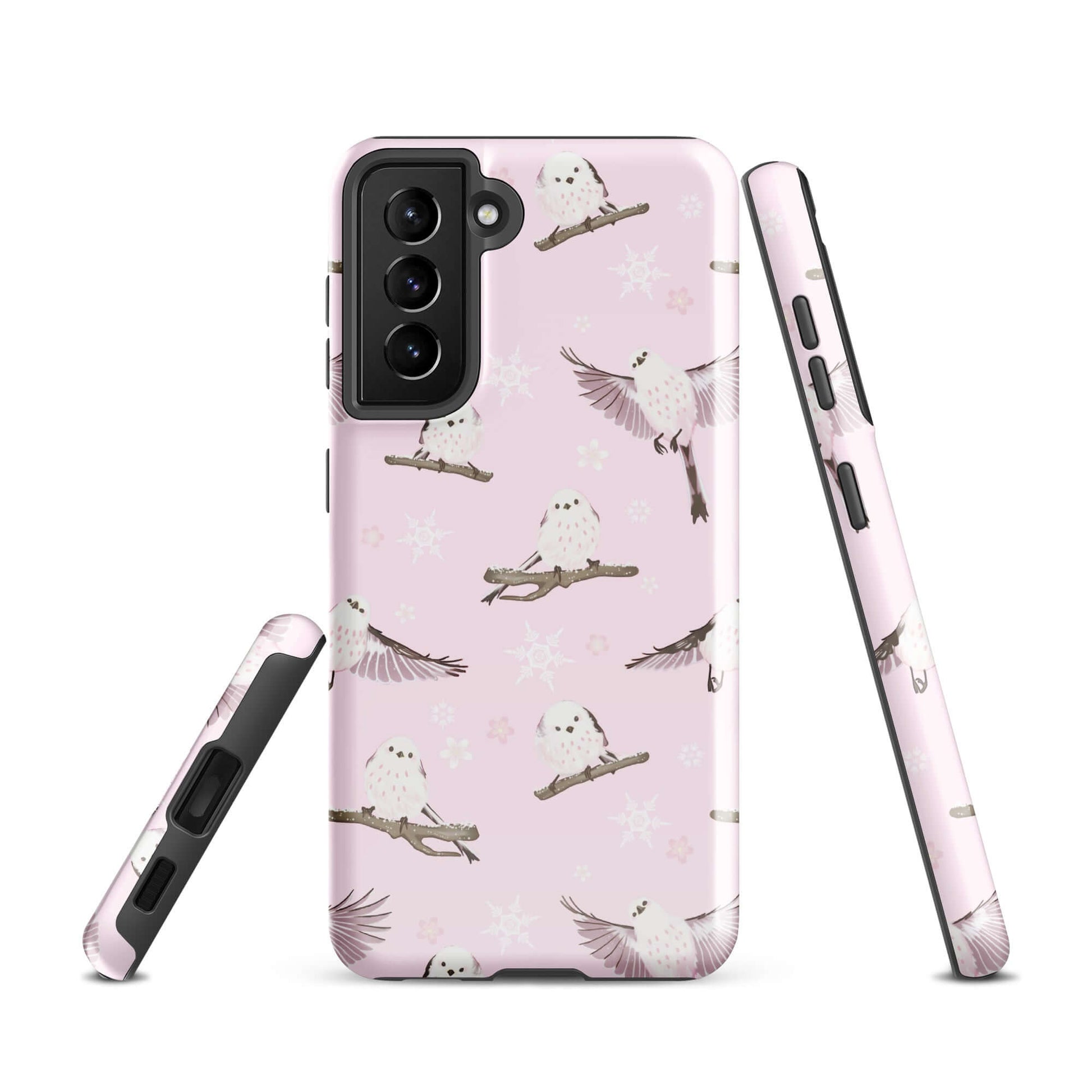 Stylish Snow Bird Samsung® Tough Case featuring a pink design with birds, offering durability and protection for your phone.