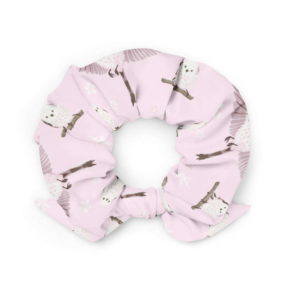 Bright and festive Snow Bird Scrunchie featuring playful owl patterns, perfect for matching outfits and stocking stuffers.