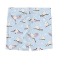 Comfortable Snow Bird Shorts with a playful bird print, perfect for running or relaxing at Koibito Clothing.