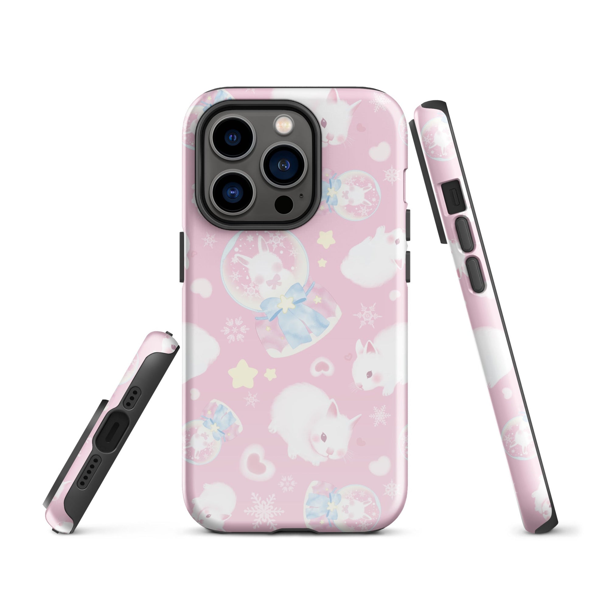 Snow Bunny iPhone® Tough Case featuring adorable bunnies on a pink background, stylish and protective for your phone.