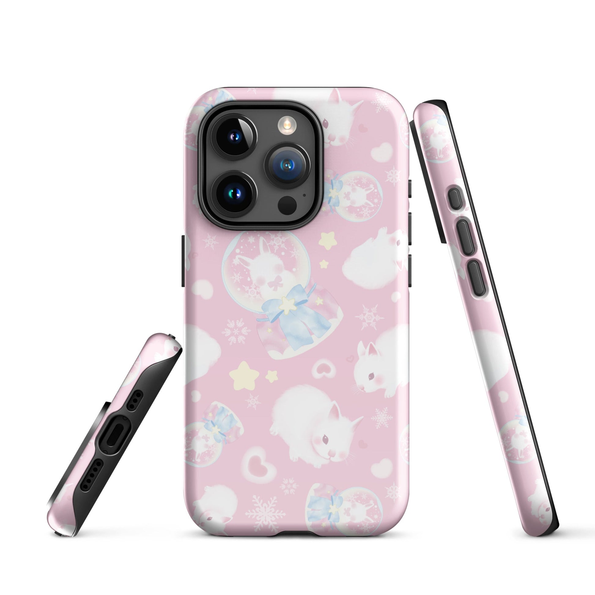 Stylish Snow Bunny iPhone® Tough Case featuring a pink design with playful bunnies, perfect for year-round protection.