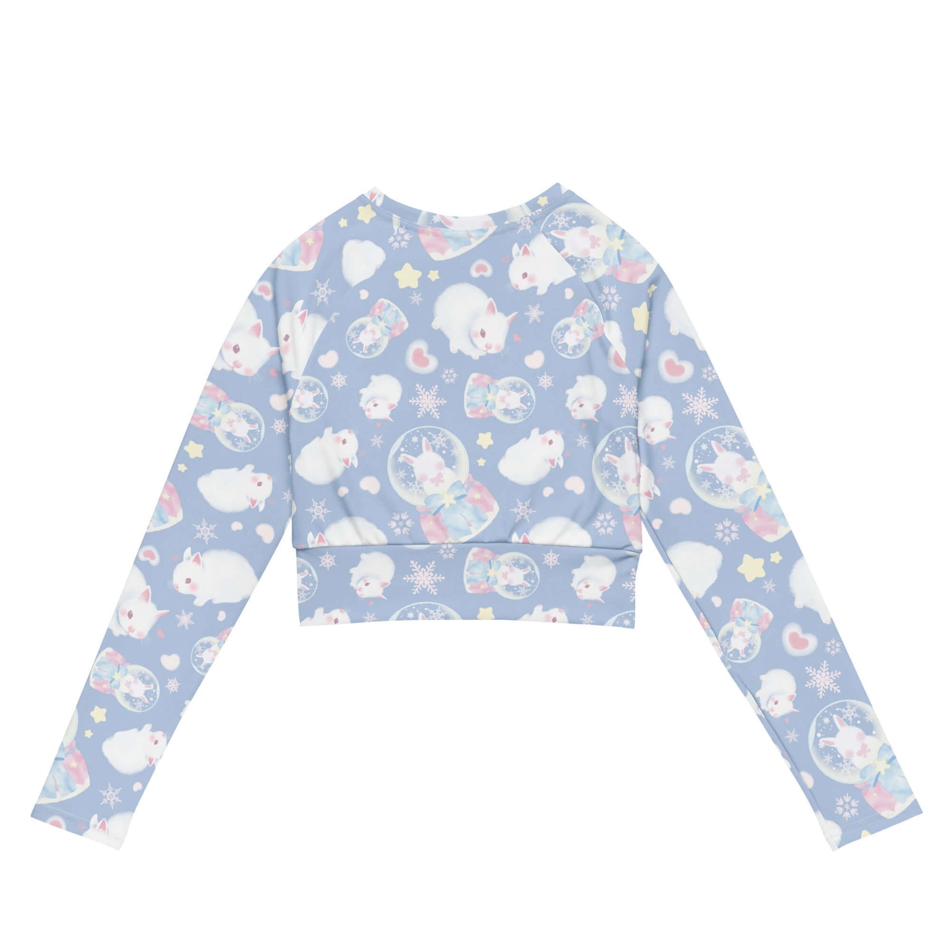 Snow Bunny Long-sleeved Crop Top features a playful design and eco-friendly fabric, perfect for athleisure and sports.