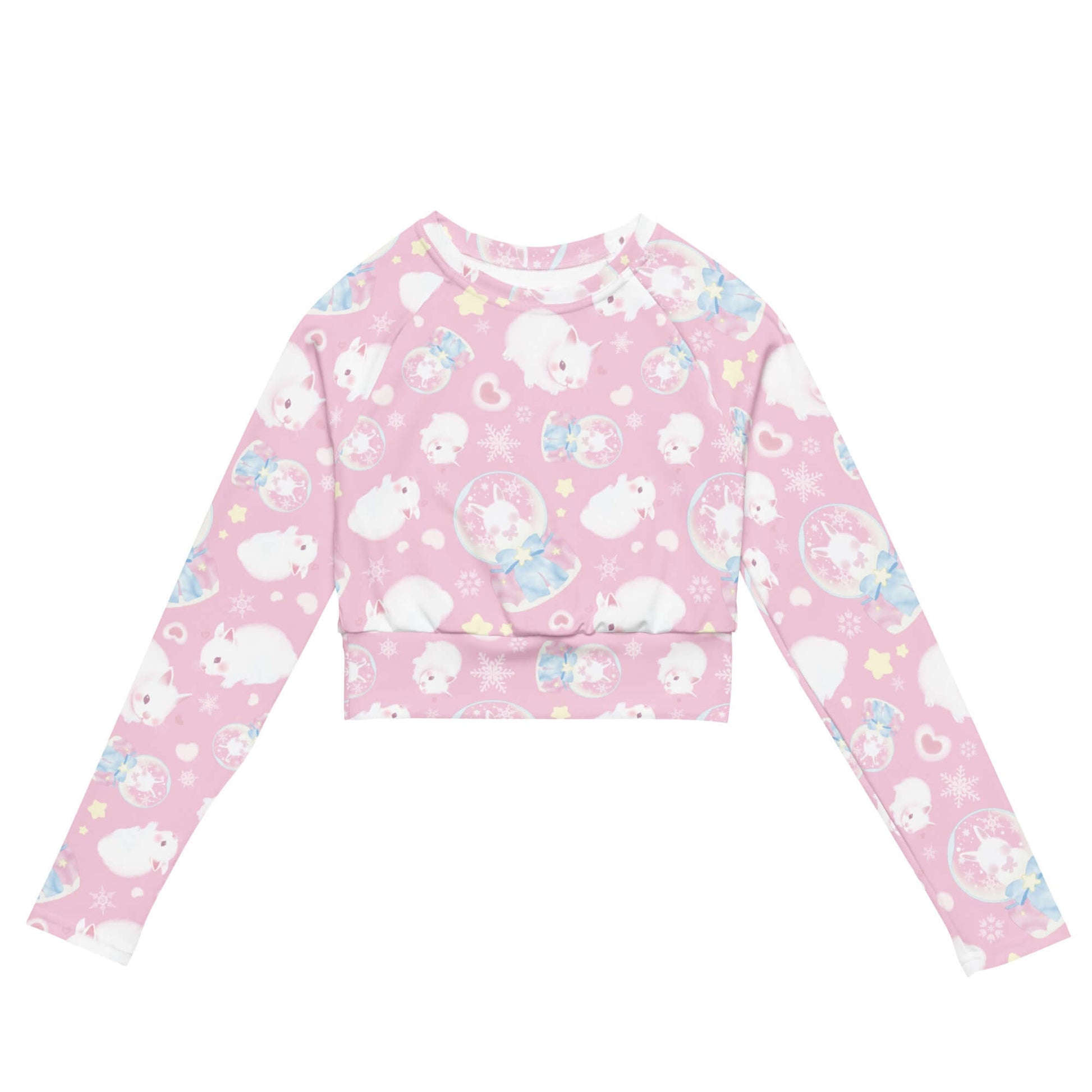 Charming Snow Bunny Long-sleeved Crop Top in pink, perfect for eco-friendly athleisure and stylish sportswear.