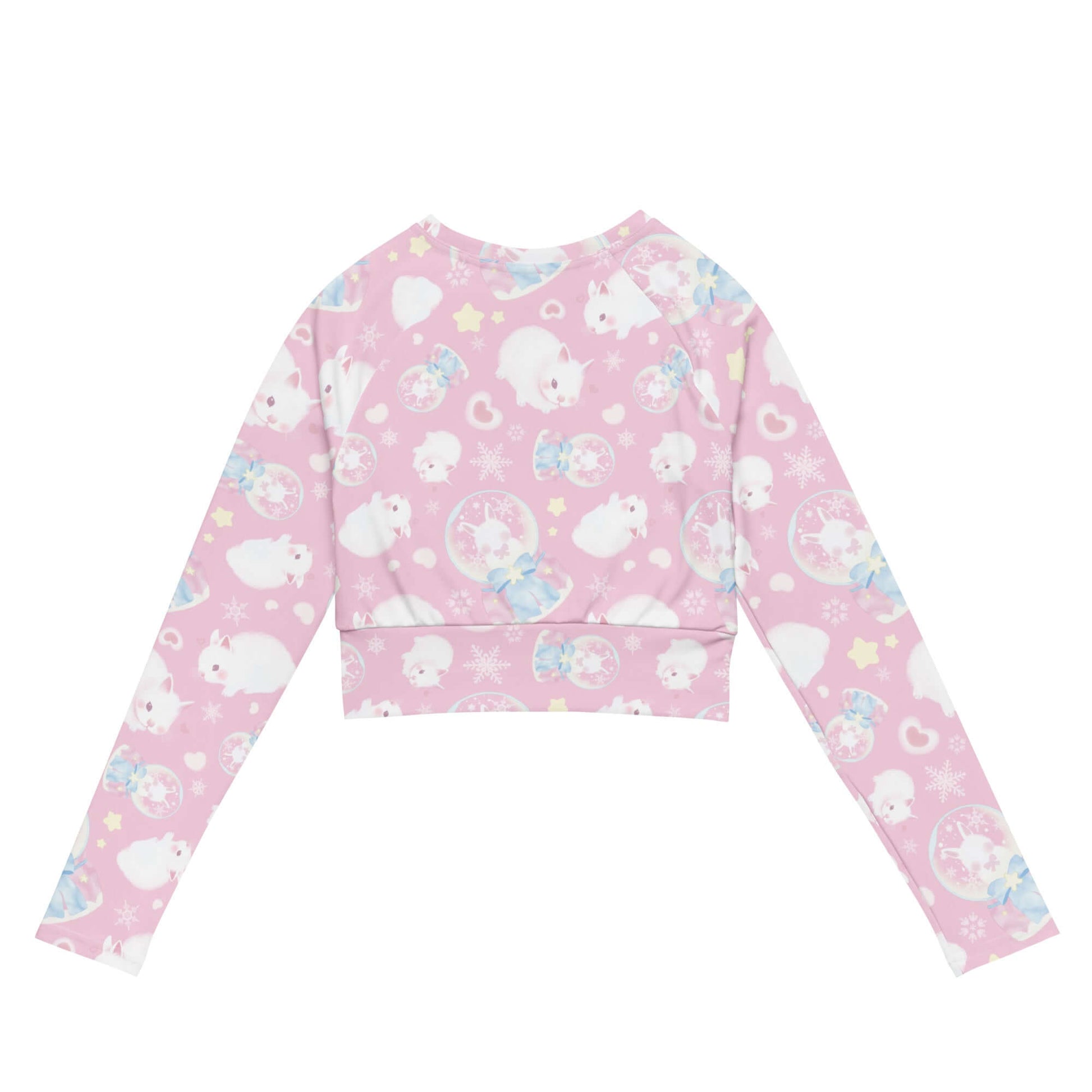 Cute and eco-friendly, the Snow Bunny Long-sleeved Crop Top features a playful design, perfect for athleisure or sports.