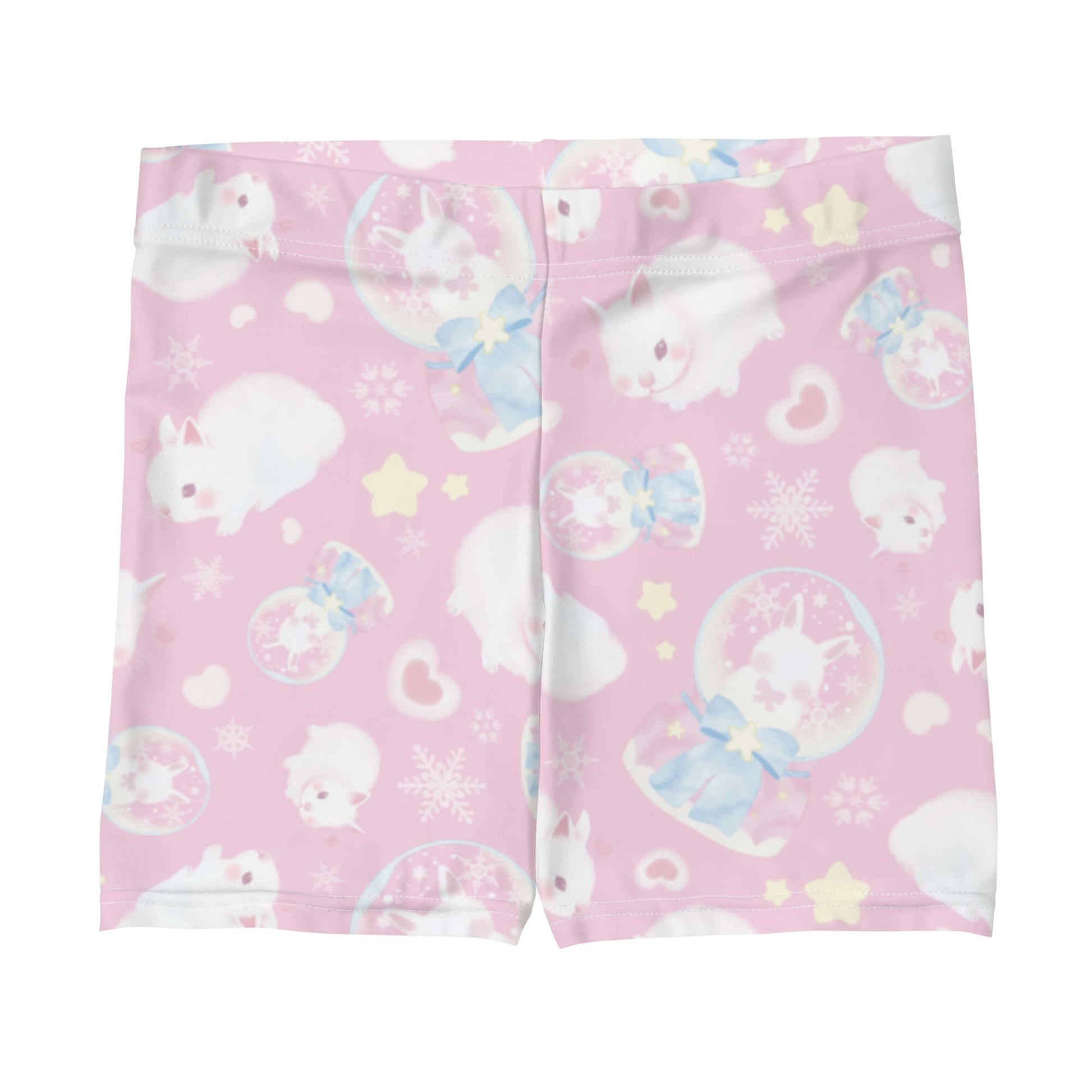 Cute pink Snow Bunny Shorts featuring fluffy bunnies, perfect for a fun workout or casual wear. Ideal for kawaii lovers!