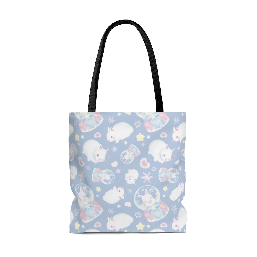 Cute Snow Bunny Tote Bag (Blue) features a pastel design, perfect for any outfit with comfy cotton straps.