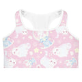 Playful Snow Kitten Sports bra in pink, featuring cute kittens, perfect for stylish workouts and moisture-wicking comfort.
