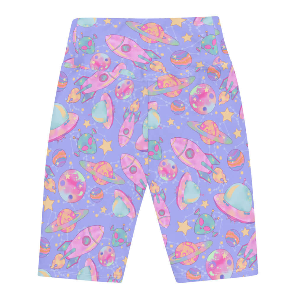High-waisted Space Biker Shorts featuring a vibrant galaxy print, perfect for stylish and comfortable wear.