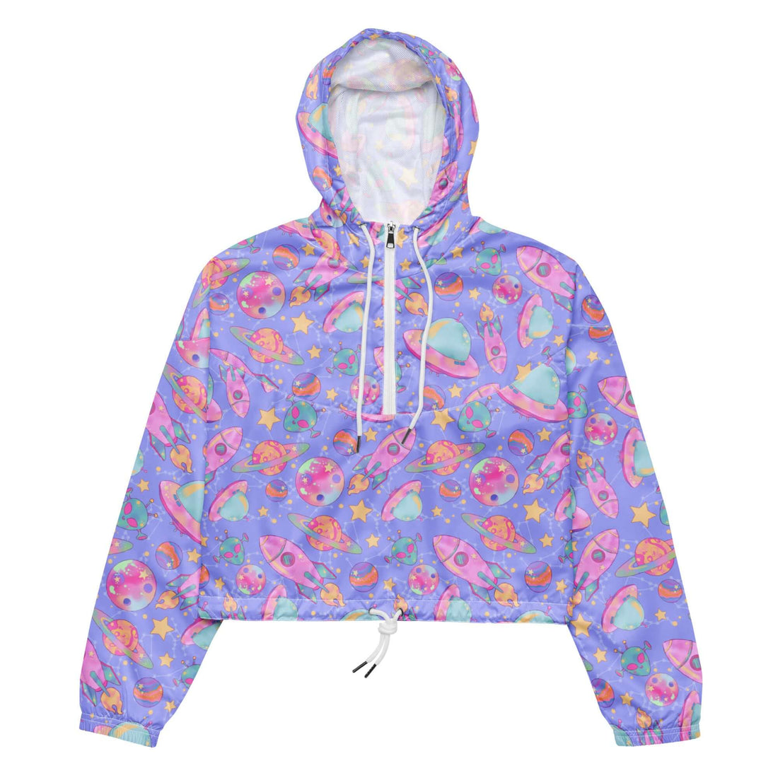 Colorful Space cropped windbreaker featuring fun space patterns, perfect for stylish adventures and rainy hikes.