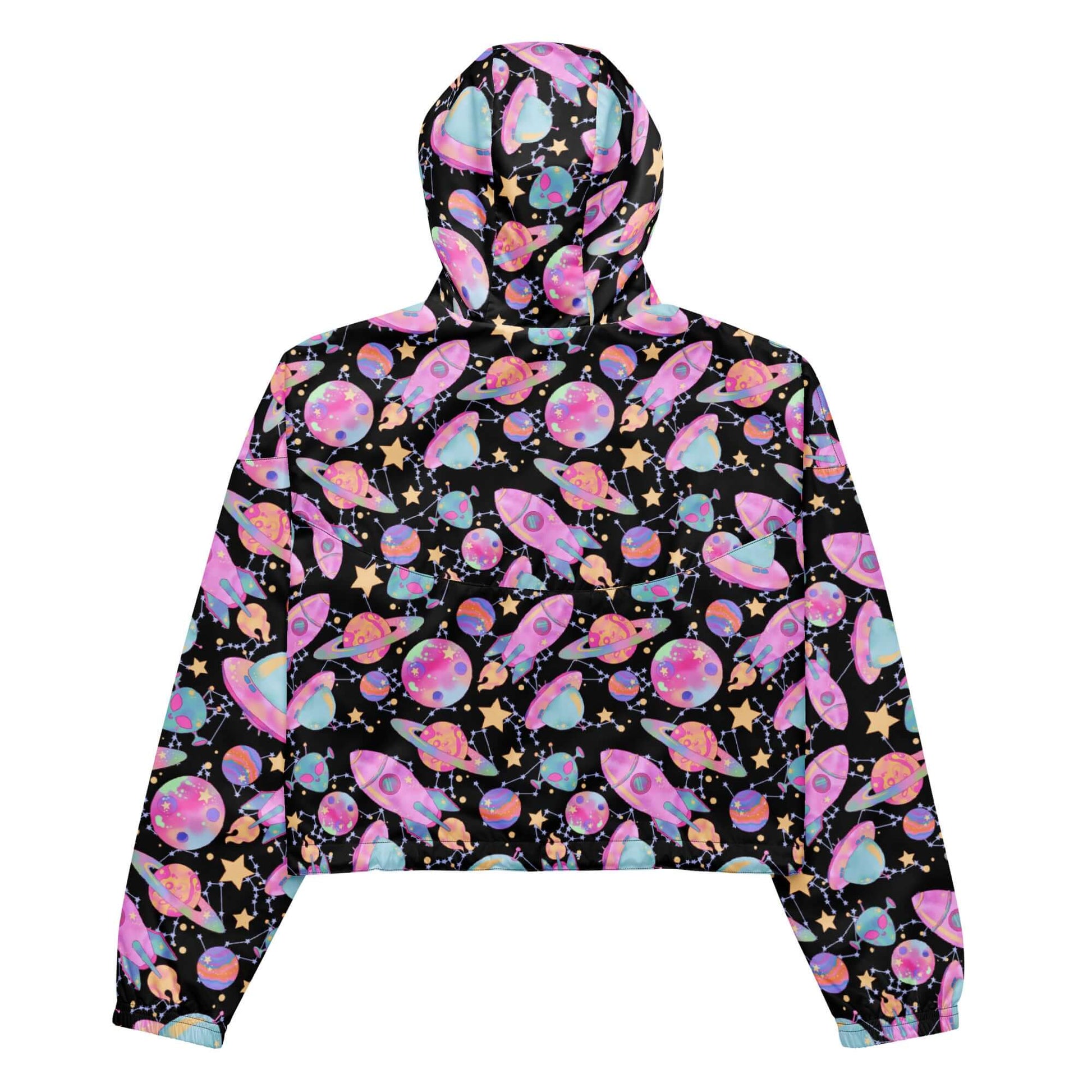 Stylish Space cropped windbreaker with vibrant space-themed print, perfect for adventures in any weather.