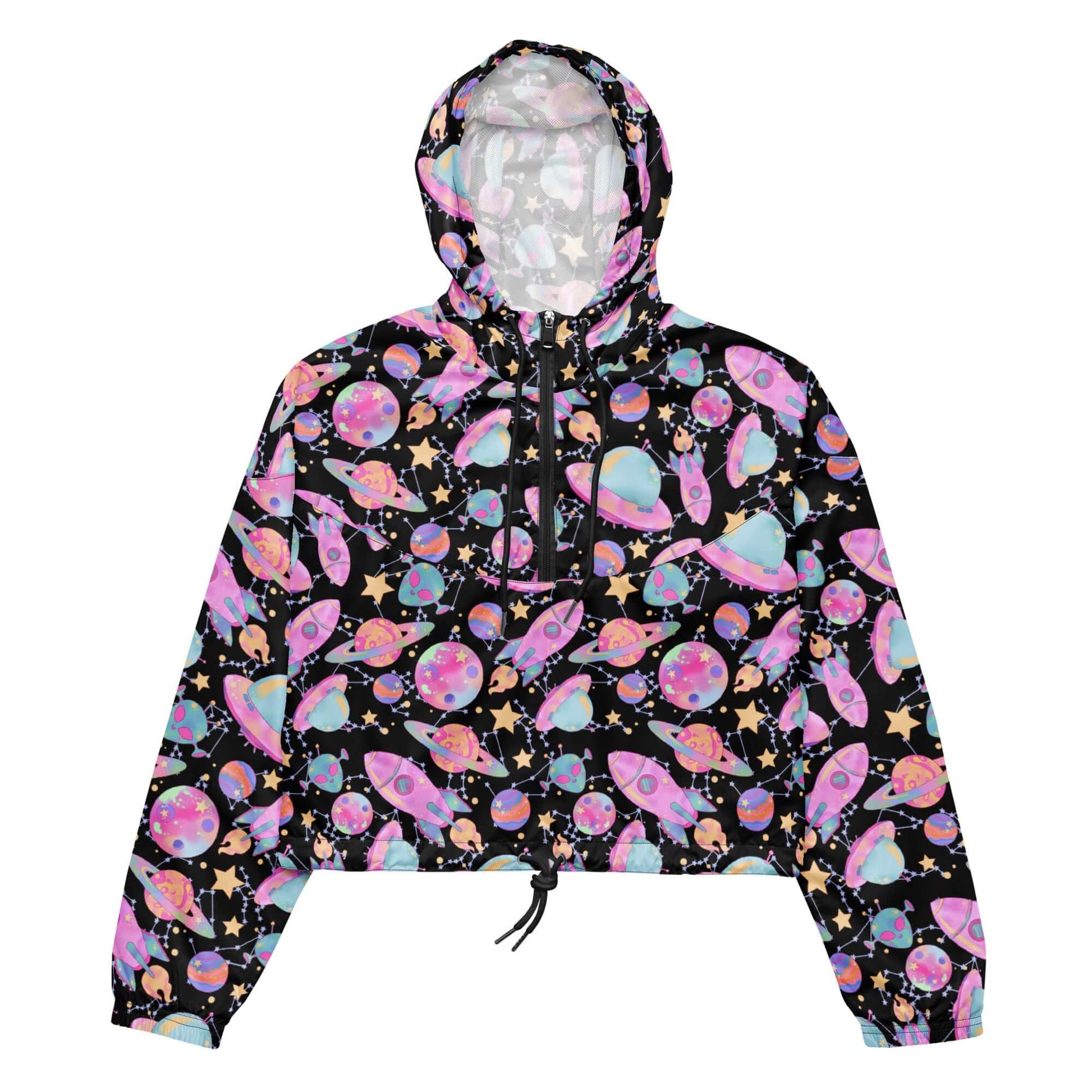 Stylish Space cropped windbreaker featuring vibrant cosmic prints, perfect for hiking and rainy adventures.