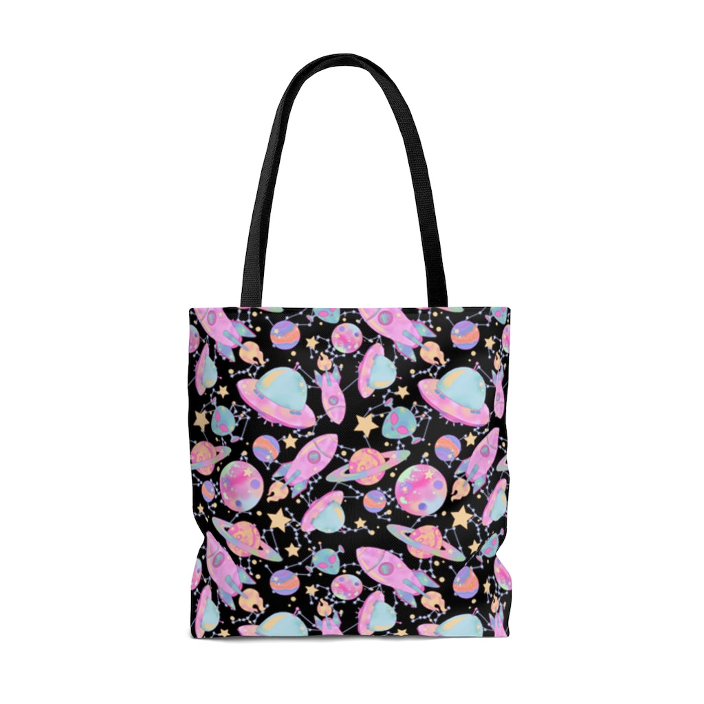 Colorful Space Tote Bag (Black) with vibrant space print, perfect for gym, beach, or travel with durable cotton straps.