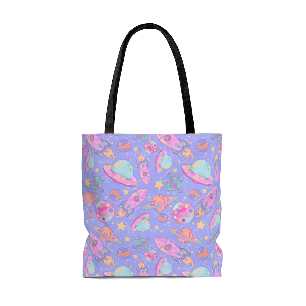 Stylish Space Tote Bag (Purple) featuring vibrant space prints, perfect for gym, beach, or travel adventures.