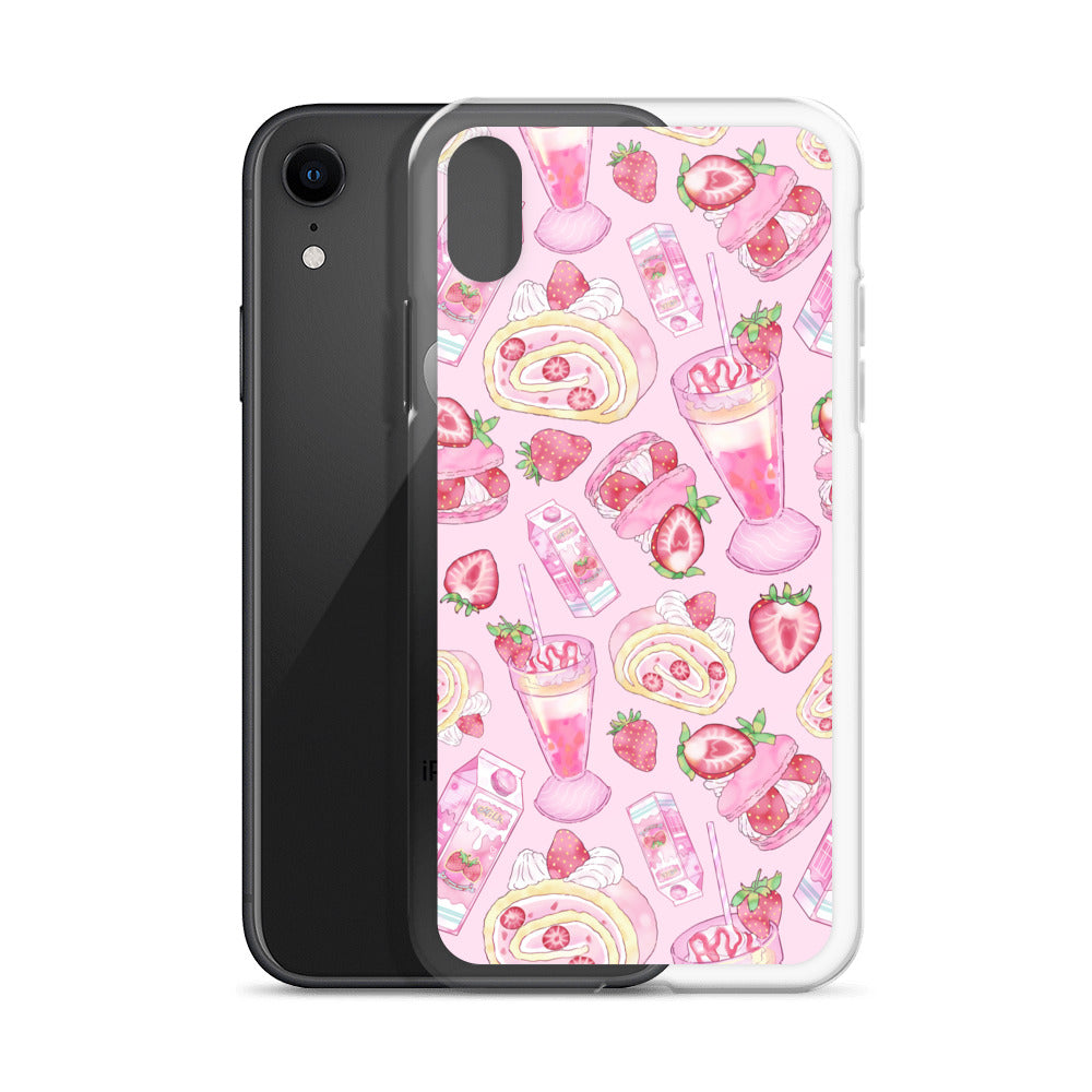 Stylish Strawberry iPhone® Clear Case featuring dessert patterns, perfect for protecting your phone while looking sweet.