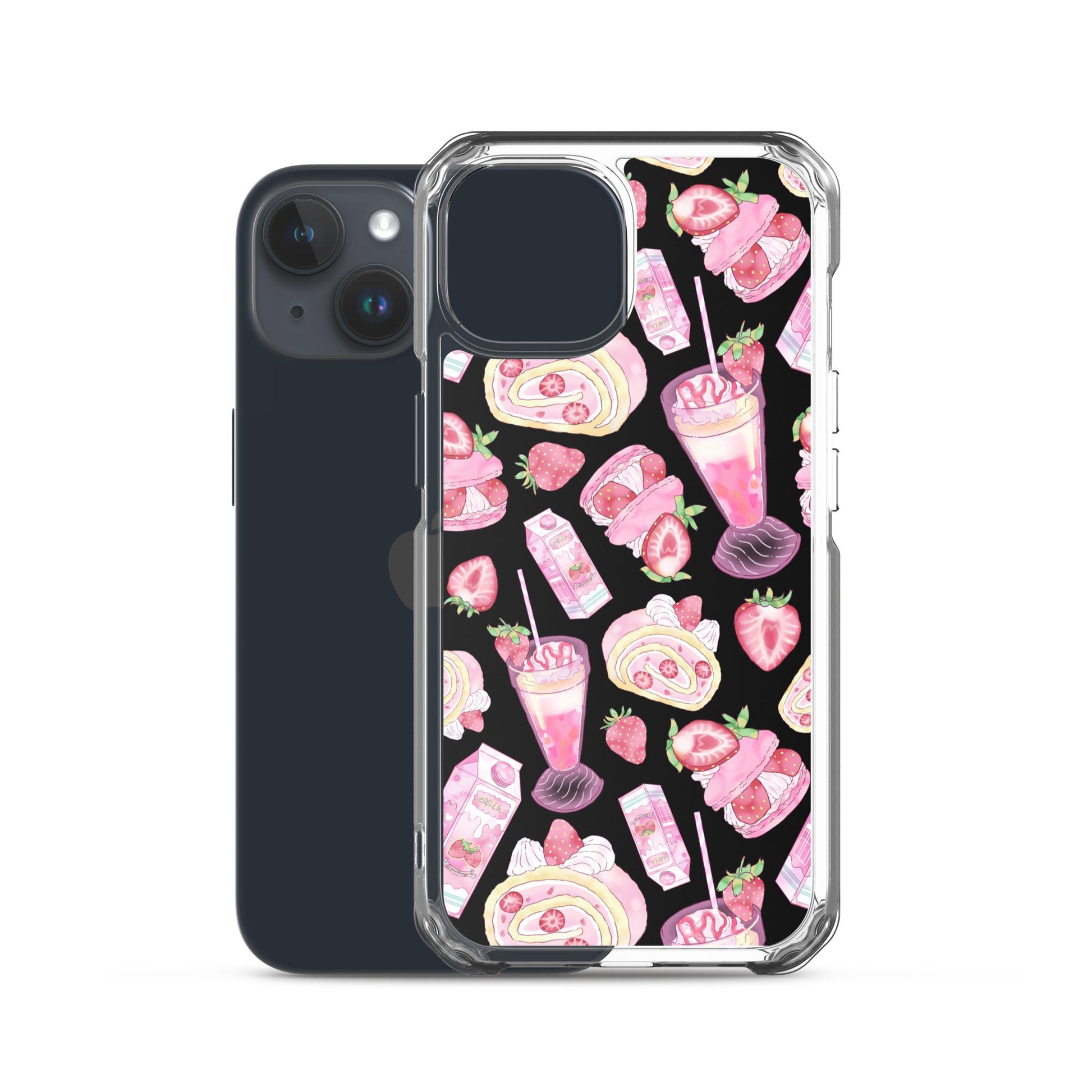 Sleek Strawberry iPhone® Clear Case featuring a fun dessert pattern, perfect for protecting your phone stylishly.