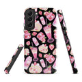 Protect your phone with the Strawberry Samsung® Tough Case, featuring a fun dessert design in pink and black.