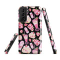 Stylish Strawberry Samsung® Tough Case featuring pink and black dessert patterns, designed for impact resistance.