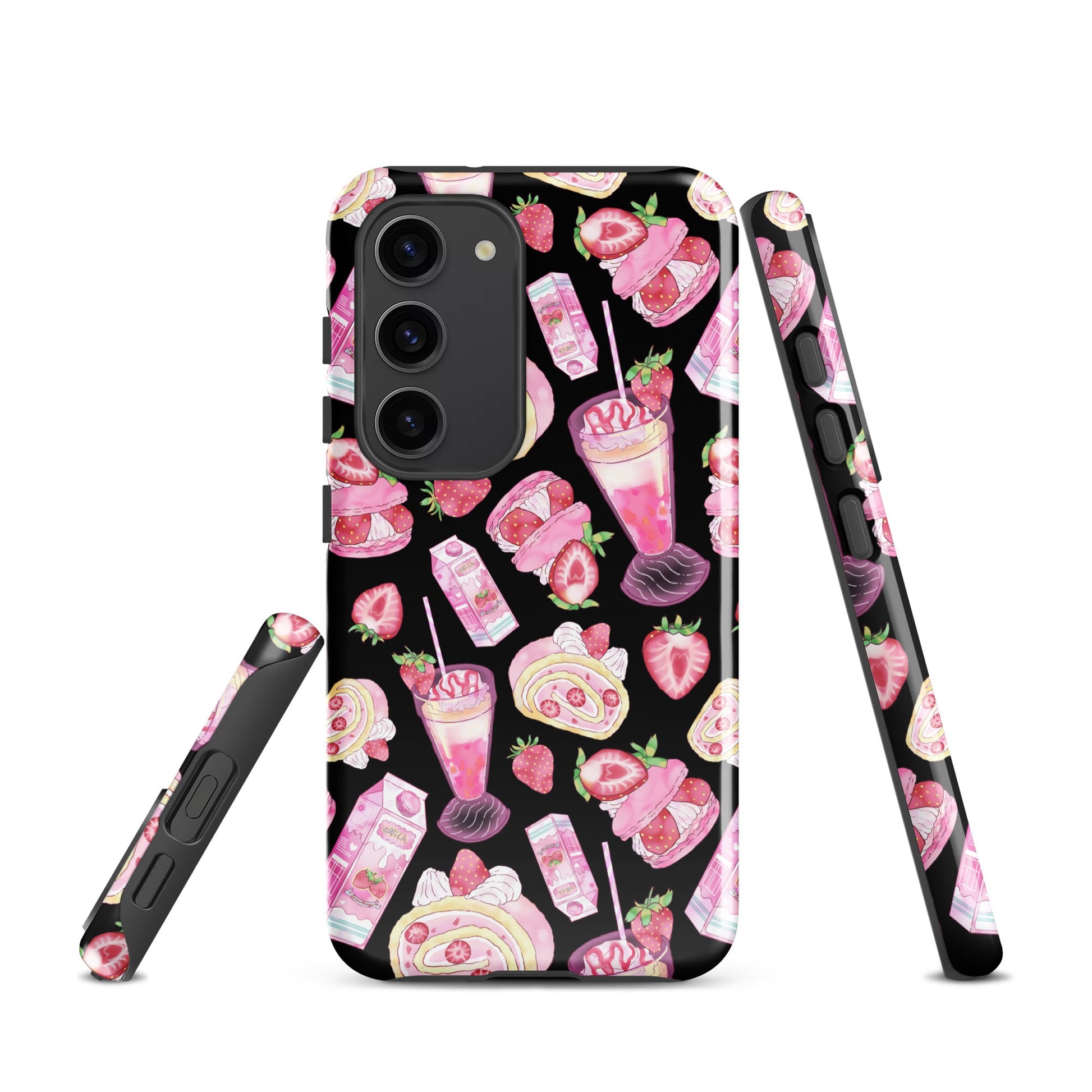 Stylish Strawberry Samsung® Tough Case features a pink and black dessert pattern for ultimate phone protection.