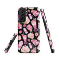 Stylish Strawberry Samsung® Tough Case in pink and black, featuring dessert-themed design for ultimate phone protection.